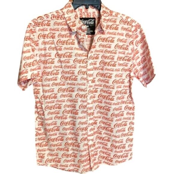 Coca-Cola Logo Short Sleeve Button-Up Shirt Medium Red & White Cotton - Picture 1 of 3